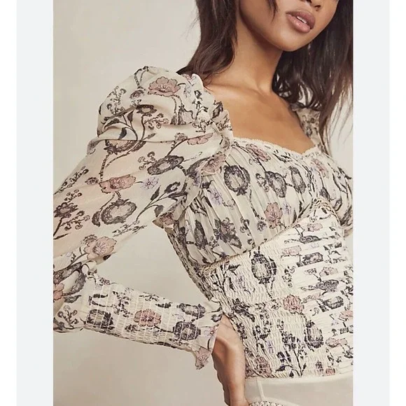 Free People Brunch Date Bodysuit Long Sleeve Floral Ivory Combo NWT - Picture 2 of 9